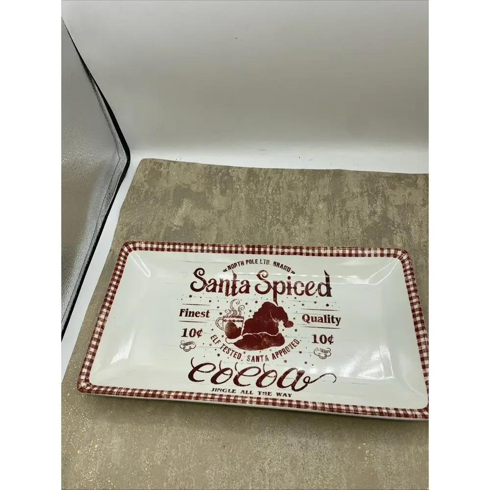 pier 1 Santa Spiced Cocoa Small Serving Platter White W /Red 6.5”X 12.5”